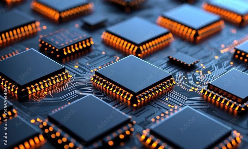 Poster microchips and circuit board animation video. semiconductor technology hardware animated footage cli