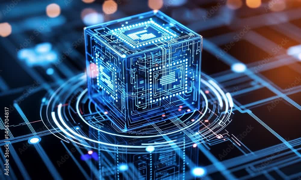 Poster glowing transparent cube embedded with circuit patterns on digital board animation video. quantum co
