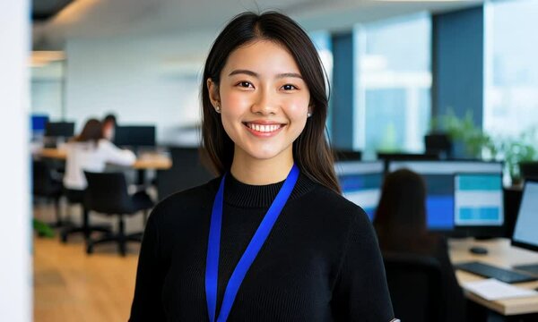Friendly asian female data analyst in modern office animation video. Smiling woman employee in corporate IT animated footage clip seamless HD motion graphics. Young professional concept