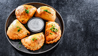 Composition with a plate of oven-baked pierogi