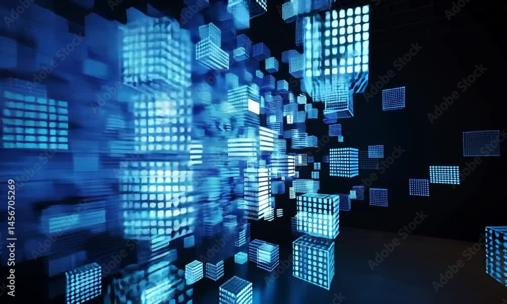 Aufkleber abstract 3d representation of digital data network architecture animation video. blue glowing cubes 