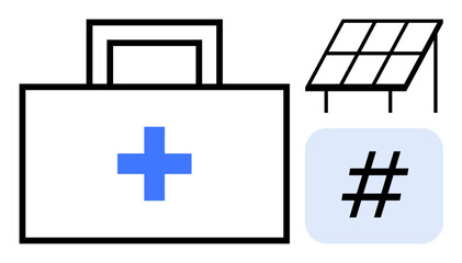 Obraz premium Medical bag with cross symbol, solar panel, and metadata tag icon highlighting healthcare, renewable energy, and digital connectivity. Ideal for sustainability, health innovation, technology hubs