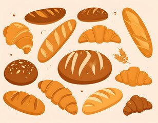 Assorted Breads And Croissants Illustration