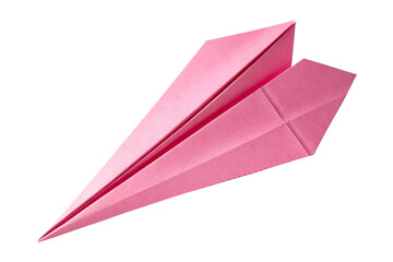 A sharply folded, pastel pink paper airplane with crisp edges, floating in mid-air, symbolizing childhood dreams, simplicity, and lighthearted playfulness, isolated on a transparent background 
