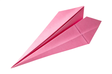 A sharply folded, pastel pink paper airplane with crisp edges, floating in mid-air, symbolizing childhood dreams, simplicity, and lighthearted playfulness, isolated on a transparent background 