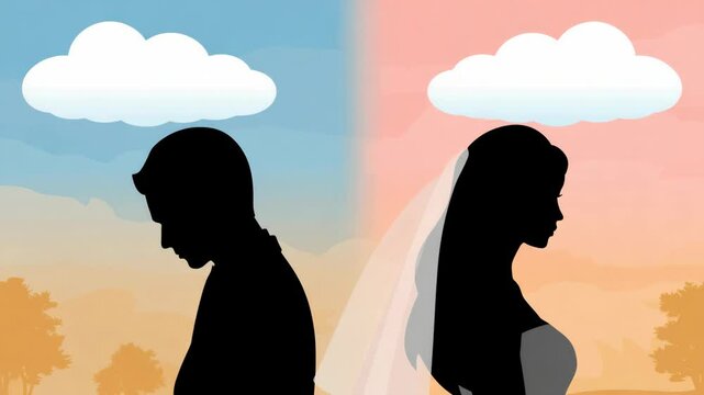 Silhouetted bride and groom standing back to back in emotional separation from marriage or relationship problems, symbolizing divorce.