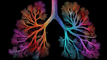 A vibrant, artistic illustration of human lungs showcasing intricate branching airways in a rainbow of colors on a black background.