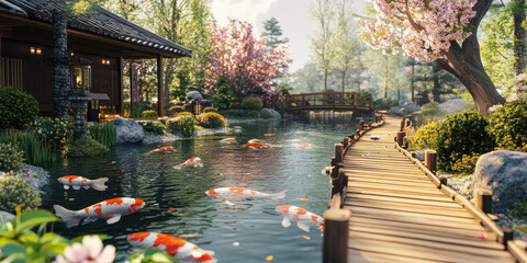 Serene Japanese Garden Koi Pond Bridge and Cherry Blossoms