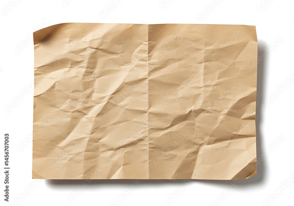 Poster a crumpled piece of tan paper with vertical fold isolated on a white background with soft shadow