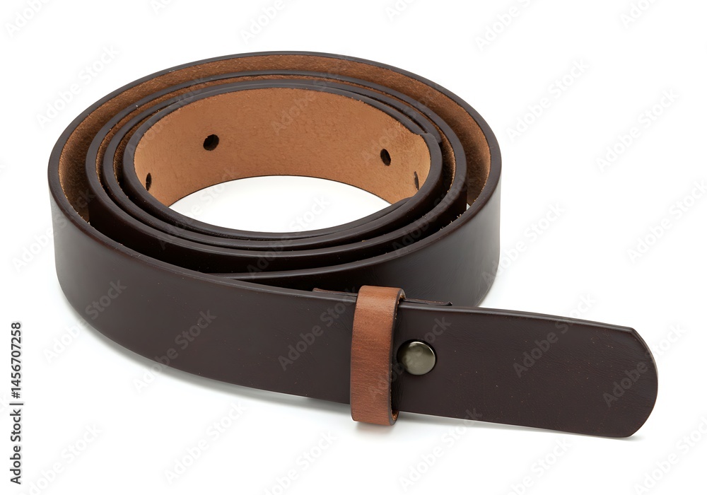Poster a coiled brown leather belt with a loop and a button is displayed on a white background surface