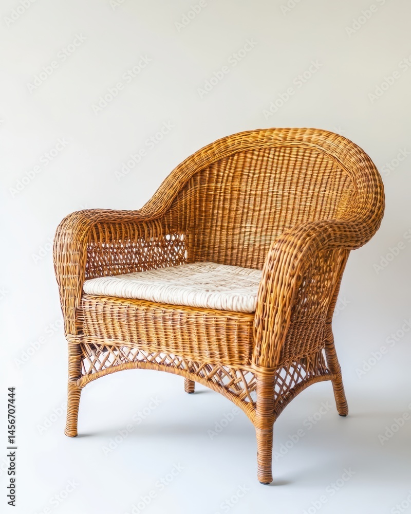 Poster wicker chair studio shot isolated on white background showing natural texture and neutral cushion in