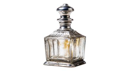 a silver and glass bottle with a silver top