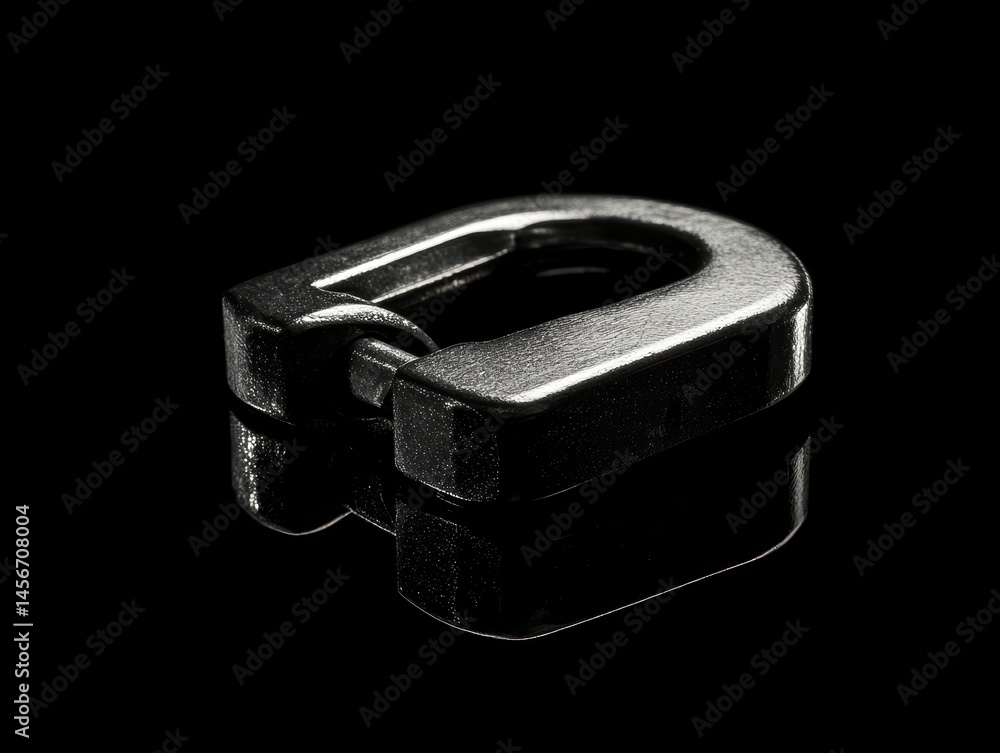 Poster close up studio shot of a metallic clevis fastener on a black reflective surface industrial hardware
