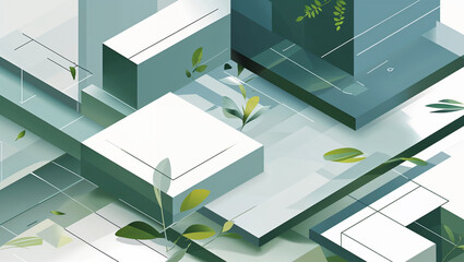 Abstract geometric design with green and white elements featuring leaves and modern aesthetics