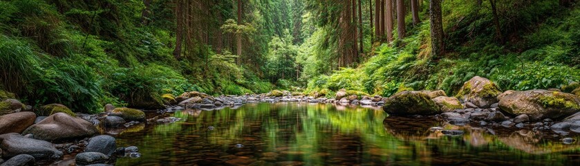 Fototapeta premium A calm forest stream reflects lush green trees, rocks, and vibrant foliage, creating a serene natural landscape.