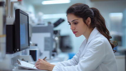 Female scientist with computer writing in notes in clinic laboratory