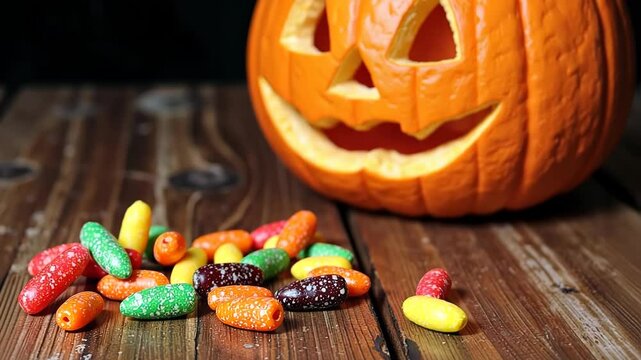 Halloween pumpkin with colorful candy on rustic wooden table  