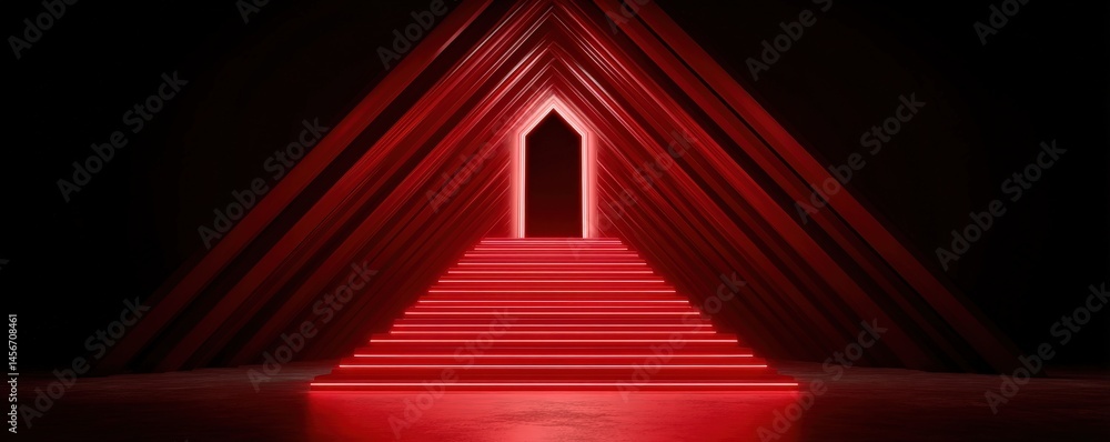 Poster a glowing red triangular tunnel with illuminated steps leading to a bright doorway in a dark, futuri