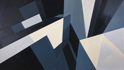 Abstract geometric painting with triangular shapes in neutral blue and white tones