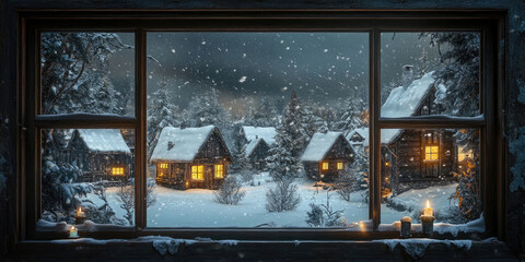 Cozy Winter Village Scene Snowfall from a Window