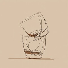Minimalist Line Art Illustration of Two Stacked Whiskey Glasses on Beige Background - Modern Art, Abstract Glassware, Barware Design