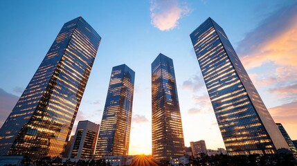 Fototapeta premium Evening skyline with sunset glow, modern buildings lit with last rays of sun, deep blue and amber contrast in the sky, detailed structure outlines, urban tranquility with no people
