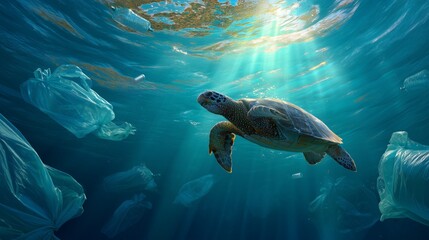 Obraz premium Underwater Scene of Turtle Swimming Through Ocean Pollution with Light Rays