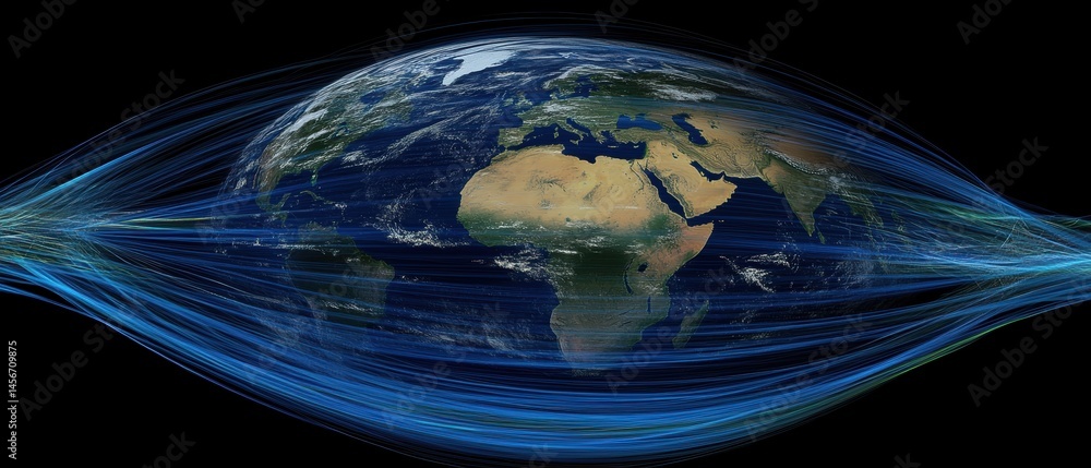 Poster earth globe surrounded by blue data streams illustrating global connectivity and communication netwo