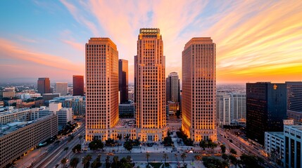 Obraz premium Skyline view of city at sunset, peaceful ambient tones, towering buildings with highlighted edges, wide sky filled with orange-pink hues, strong sense of evening calm