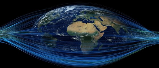 Earth Globe Surrounded by Blue Data Streams Illustrating Global Connectivity and Communication Networks from Space