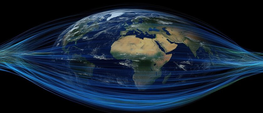Earth Globe Surrounded by Blue Data Streams Illustrating Global Connectivity and Communication Networks from Space