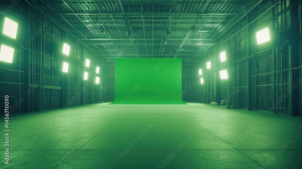 Aufkleber scene showing multiple green screen angles with floor lights and ceiling grid