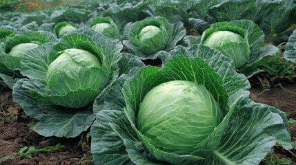 Obraz premium Rows of fresh green cabbages growing in a vegetable garden under natural daylight.