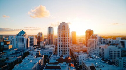Urban buildings outlined against glowing sunset horizon, light reflecting off tower edges, darkened rooftop shadows, soft warm haze in sky, elegant skyline balance