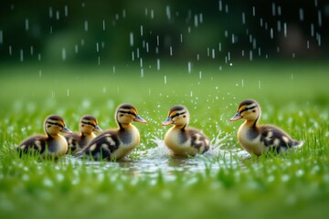 Ducklings playing in spring rain, small and fluffy, surrounded by green grass, visible raindrops creating serene atmosphere. Concept of ducklings playing in spring rain, pets outdoors.