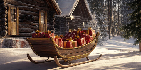 Santas Sleigh in Snowy Winter Wonderland Christmas Cabin Background