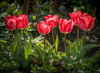 Beautiful red tulips in the garden, a spring background. Flowering pink tulips in close-up. Background with blooming flowers of bright-colored tulips. Floral wallpaper. Stock photo contest winner,
