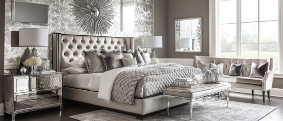 Elegant Bedroom Interior Design with Tufted Headboard and Silver Accents in Natural Light