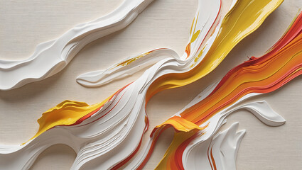 Abstract layered paper art featuring flowing strokes of vibrant white yellow and orange