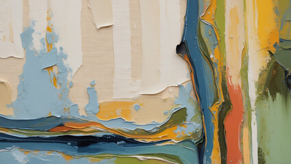 Abstract oil painting featuring textured brushstrokes and earthy tones of blues greens and yellows