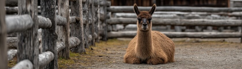 Obraz premium A brown llama resting on the ground inside a wooden-fenced enclosure at a farm or zoo.