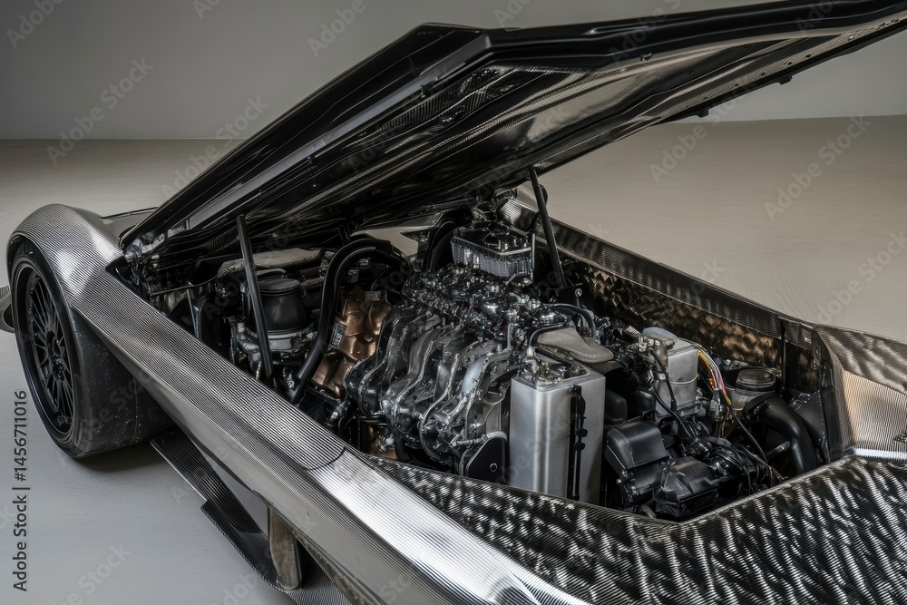 Poster intricate engine of custom car displayed with hood open in studio setting close up view