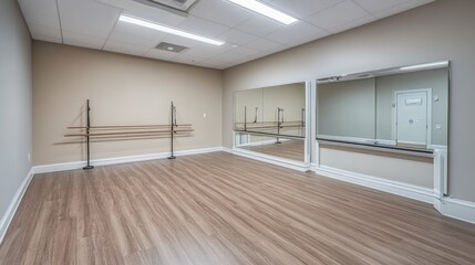 Small practice room with large mirrors, portable ballet barres, and adjustable lighting