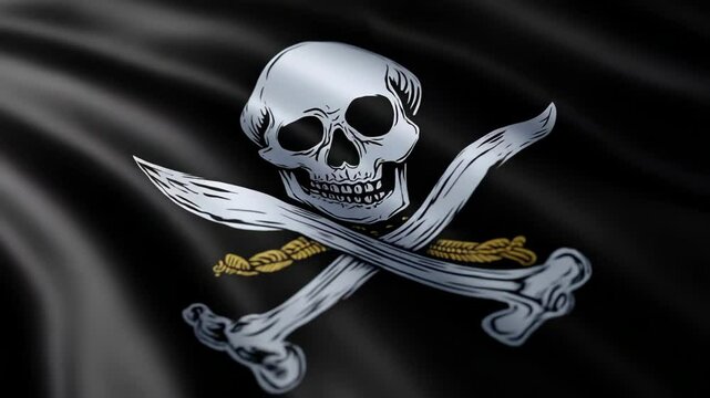 Waving pirate flag featuring skull and crossbones, silver and gold on black background, symbolic pirate symbol.