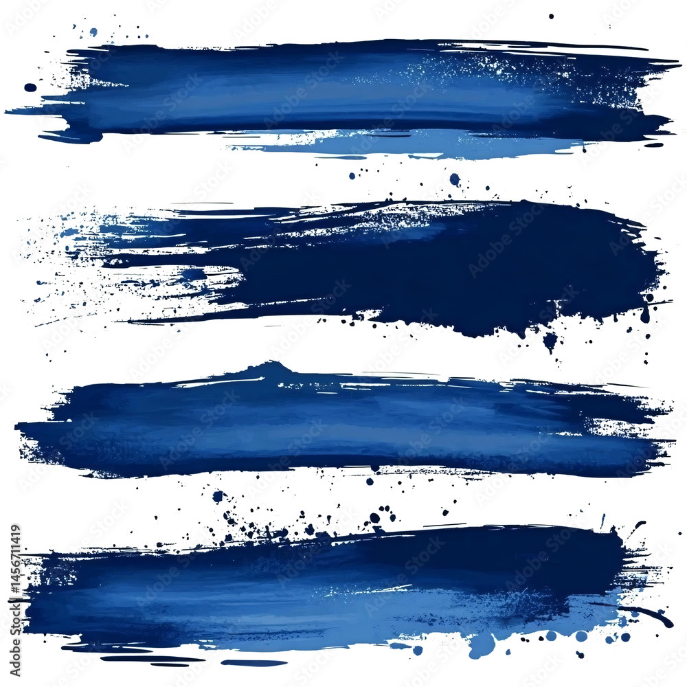 Poster set of four different blue ink or paint strokes on transparent background. grunge style. abstract st