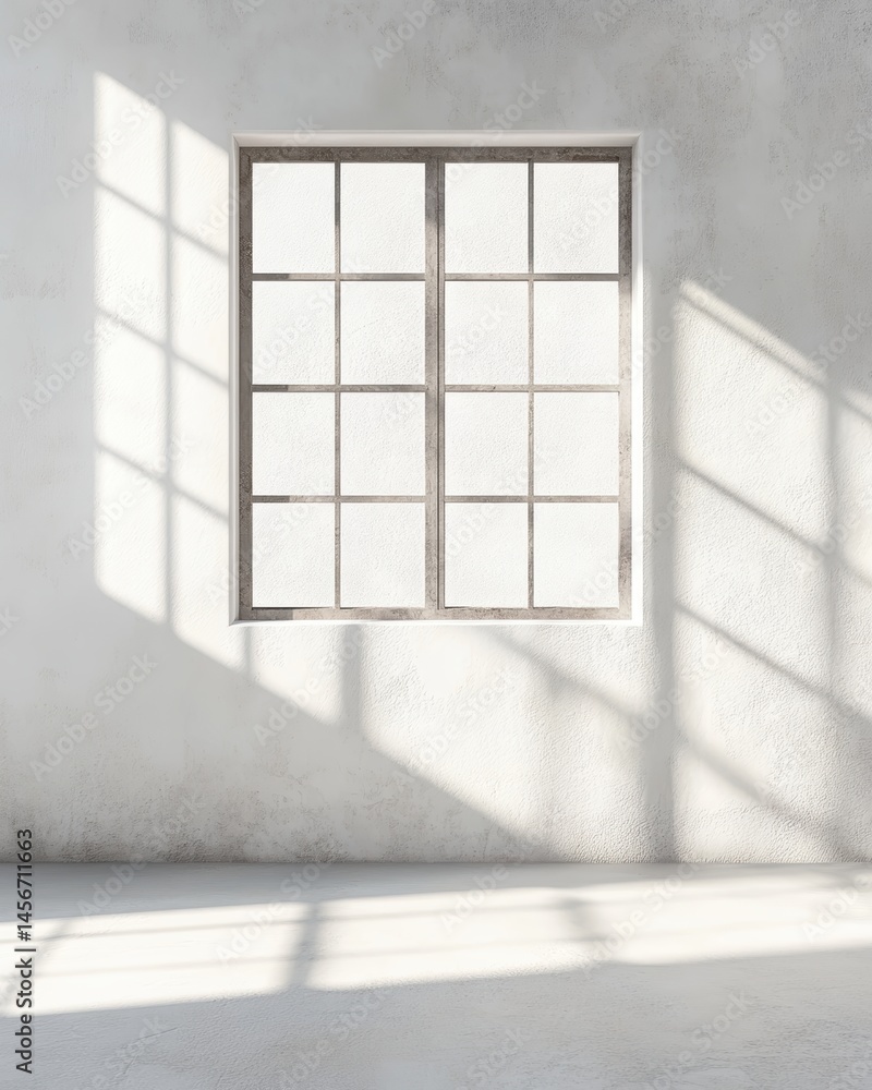 Poster interior view of empty white room with window light casting shadows on wall and floor minimalist arc