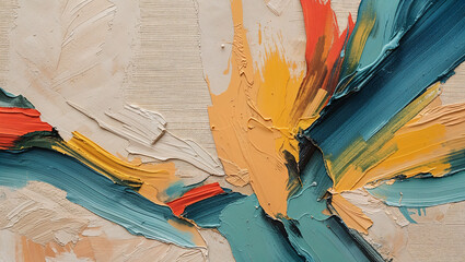 Abstract oil painting with thick brushstrokes featuring vibrant color palette and textured canvas