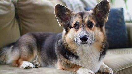 closeup portrait of funny cute tricolor dog Welsh Corgi breed lying on couah at home and waiting for family. living with pet. four legged friends
