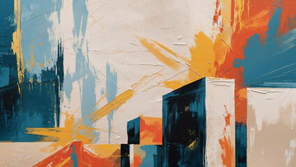 Abstract painting of buildings in modern art with textured brushstrokes and bright colors