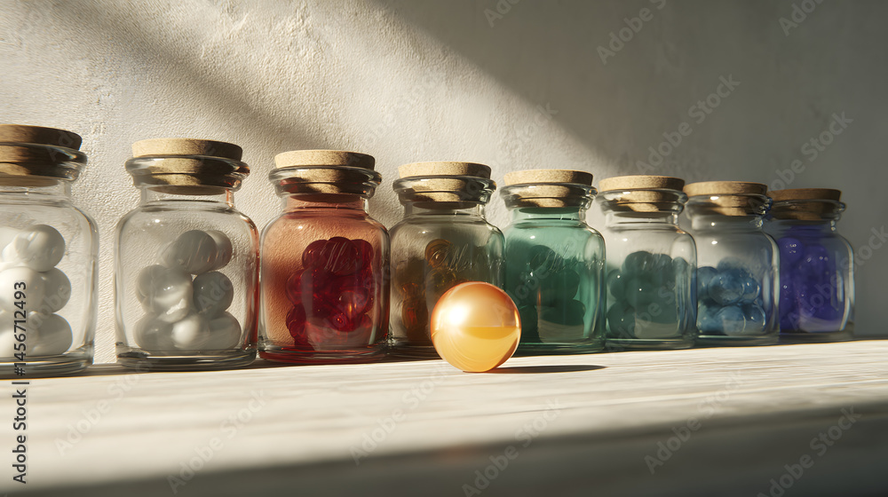 Poster glass jars filled with colorful objects and a single sphere